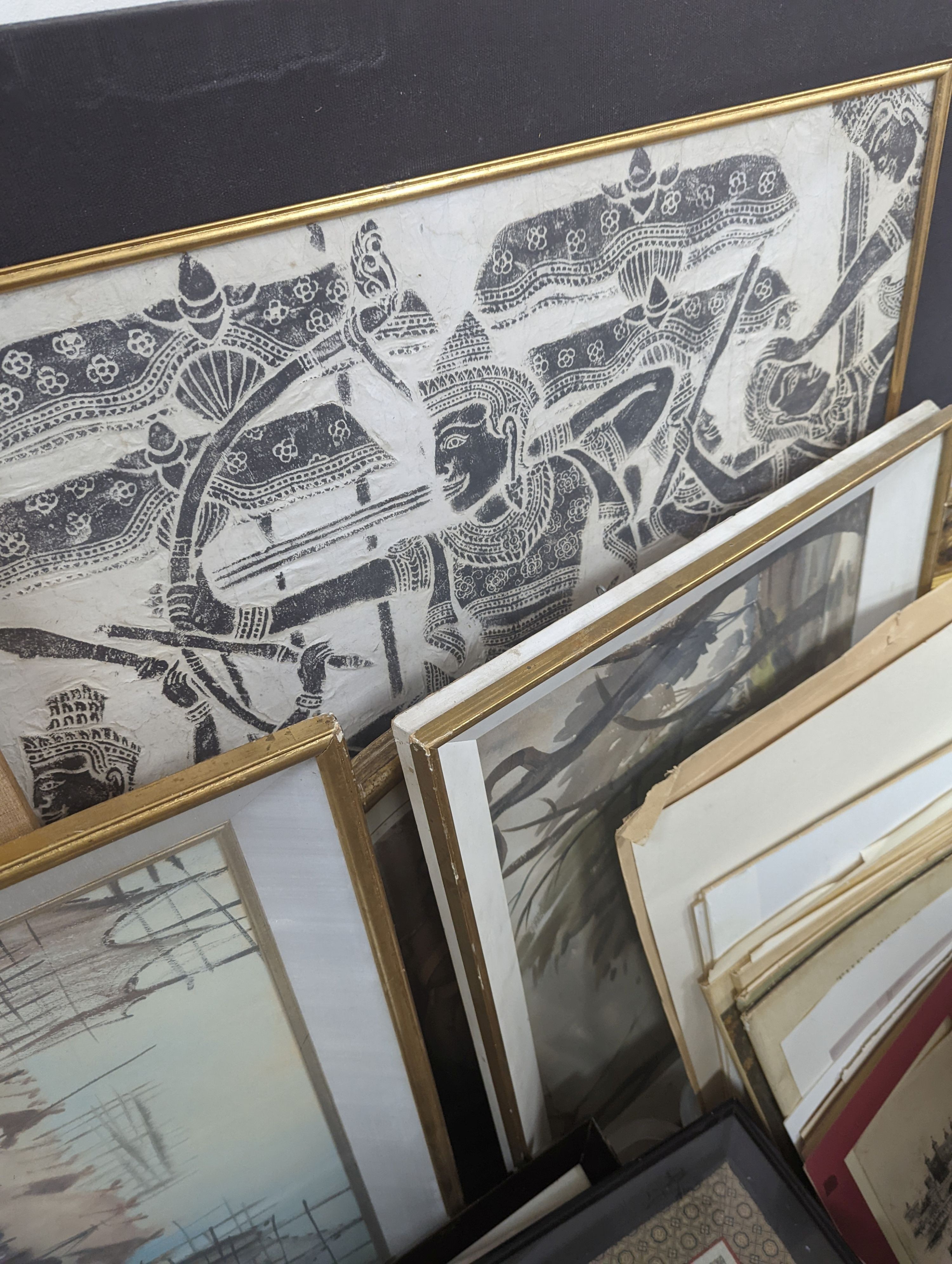 A large collection of assorted 20th century Asian pictures and textile panels